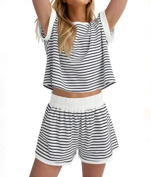 2 Piece Stripe Lounge Set Women Knit Short Sleeve Tee Shorts Pajama Set Summer Loungewear Shorts Sets