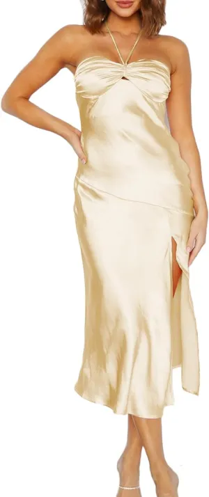 2024 Summer Satin Tube Tops Slit Wedding Guest Dress for Women Elegant Sexy Strapless Halter Neck Midi Dresses