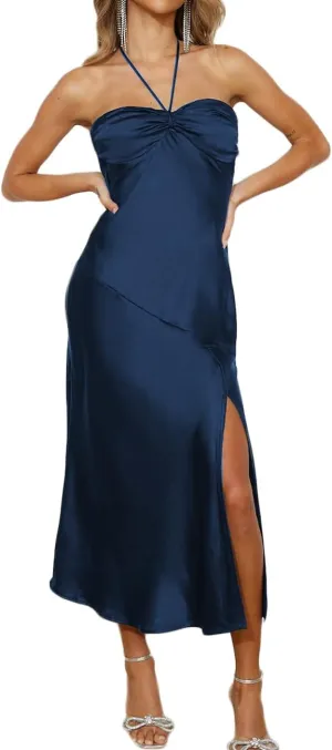2024 Summer Satin Tube Tops Slit Wedding Guest Dress for Women Elegant Sexy Strapless Halter Neck Midi Dresses