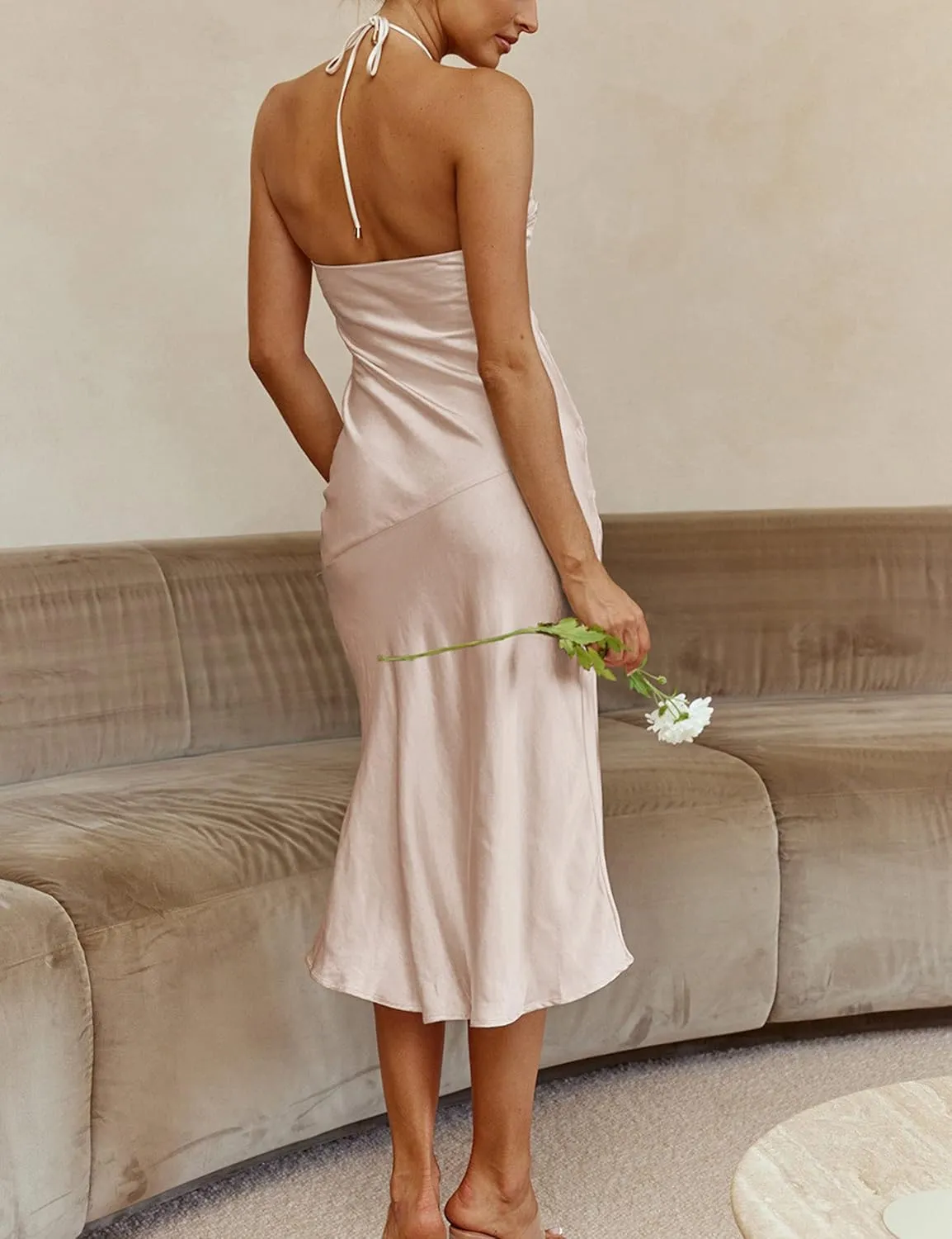 2024 Summer Satin Tube Tops Slit Wedding Guest Dress for Women Elegant Sexy Strapless Halter Neck Midi Dresses