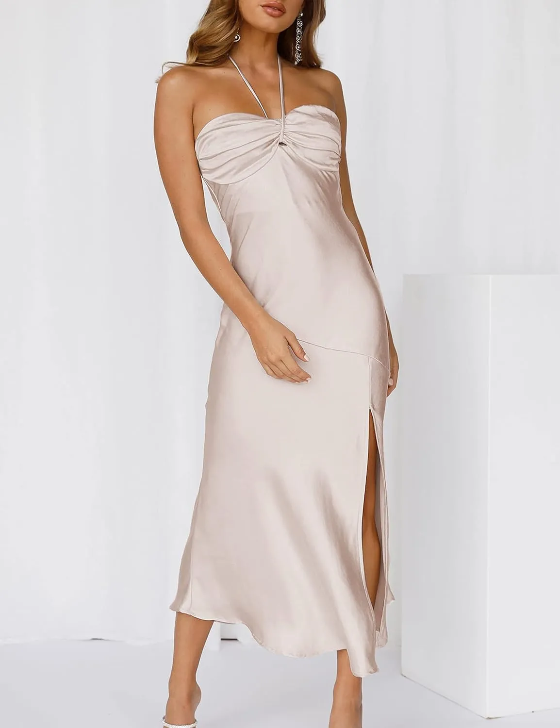 2024 Summer Satin Tube Tops Slit Wedding Guest Dress for Women Elegant Sexy Strapless Halter Neck Midi Dresses