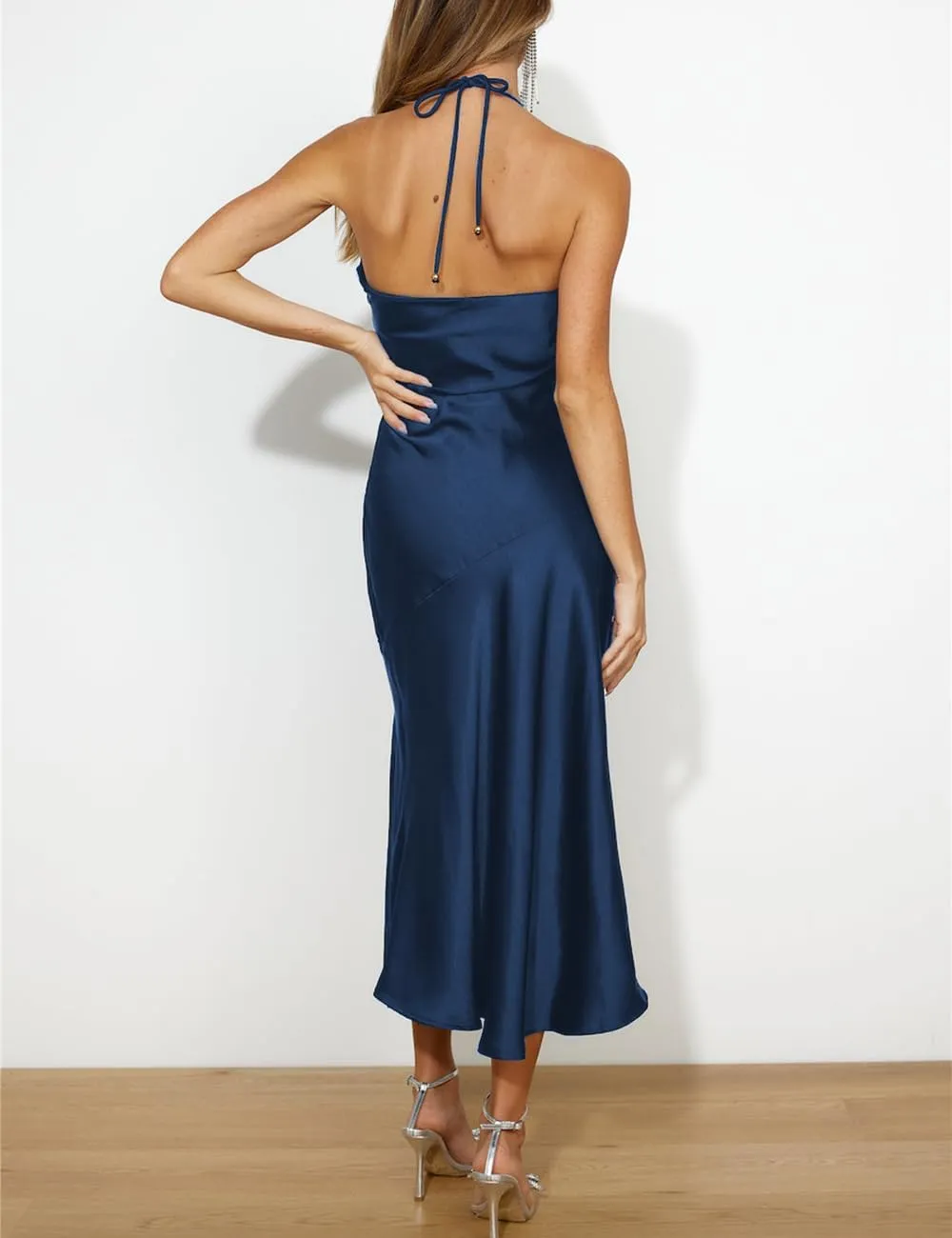 2024 Summer Satin Tube Tops Slit Wedding Guest Dress for Women Elegant Sexy Strapless Halter Neck Midi Dresses