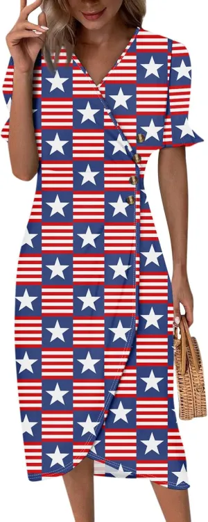 4Th July Dress Women Midi Red White and Blue Dresses Short Sleeve USA Flag Dress Holiday Dresses S,M,L,XL,XXL