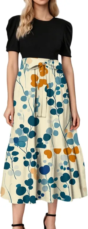 ADHOWBEW Dresses for Women 2025 O Neck Casual Sexy Vacation Beach Empire Waist Short Sleeve Party Dresses