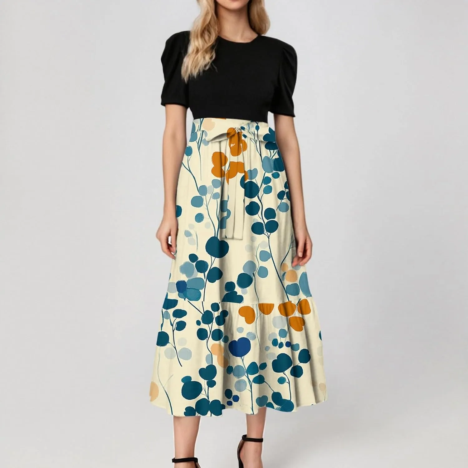 ADHOWBEW Dresses for Women 2025 O Neck Casual Sexy Vacation Beach Empire Waist Short Sleeve Party Dresses