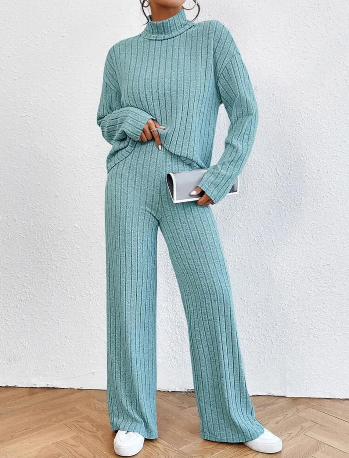 AFAVOM Women Lounge Pajamas Set 2 Pieces Ribbed Knit Sleepwear Long Sleeve Pullover Sweater Top with Pants Turtleneck Outfit