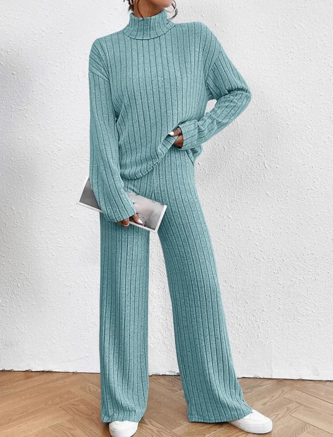 AFAVOM Women Lounge Pajamas Set 2 Pieces Ribbed Knit Sleepwear Long Sleeve Pullover Sweater Top with Pants Turtleneck Outfit