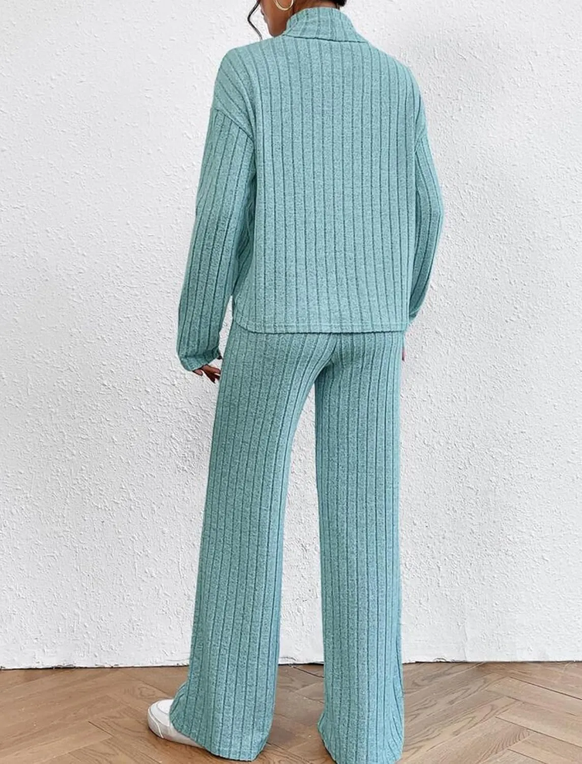 AFAVOM Women Lounge Pajamas Set 2 Pieces Ribbed Knit Sleepwear Long Sleeve Pullover Sweater Top with Pants Turtleneck Outfit