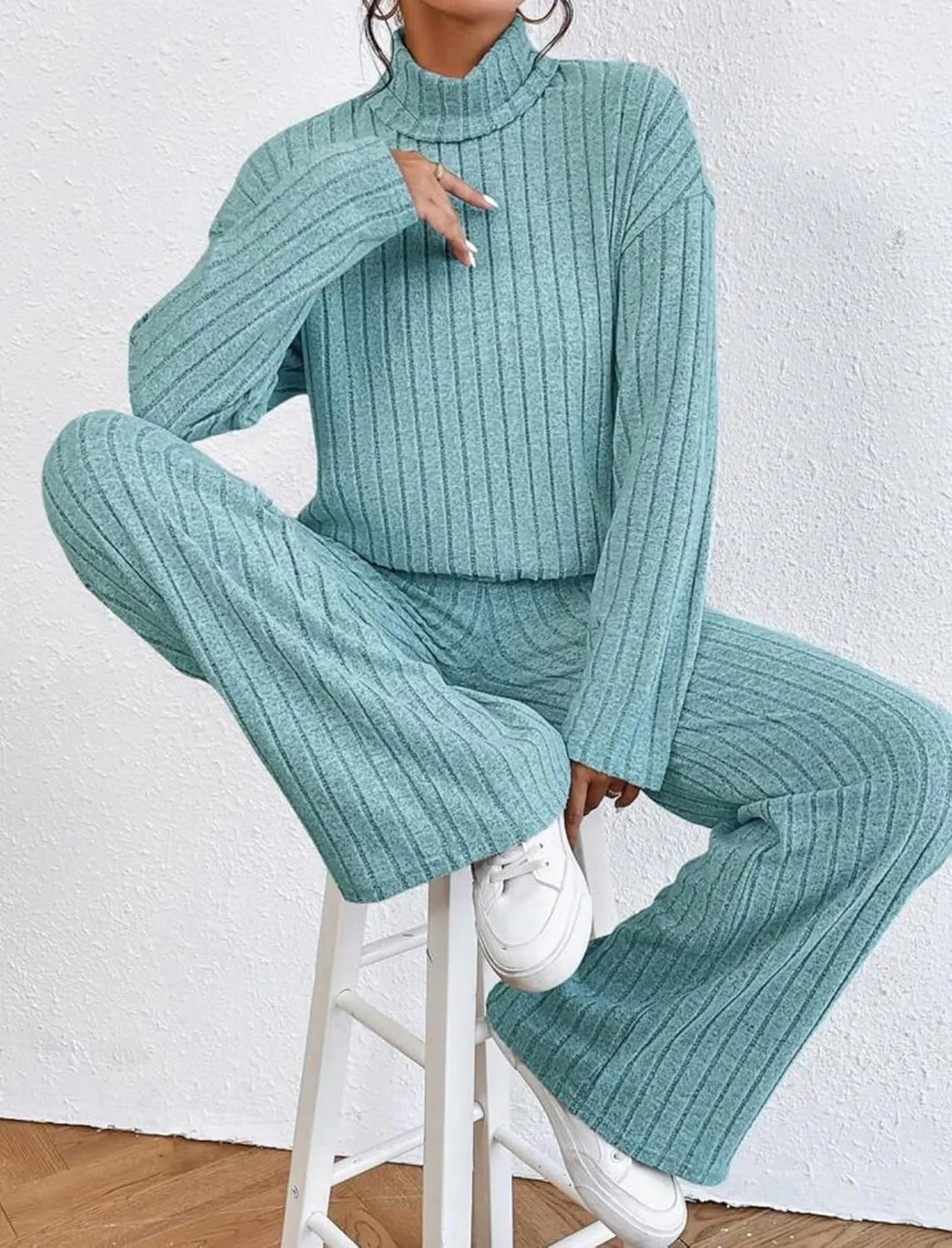 AFAVOM Women Lounge Pajamas Set 2 Pieces Ribbed Knit Sleepwear Long Sleeve Pullover Sweater Top with Pants Turtleneck Outfit