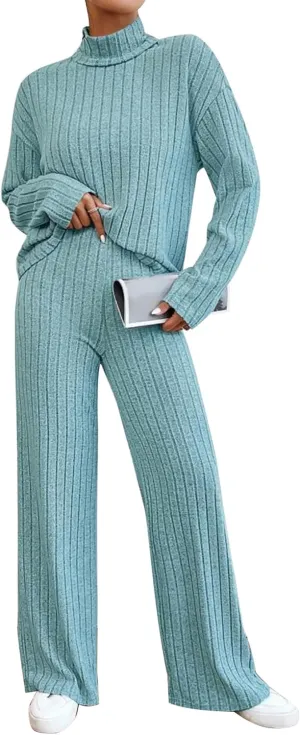 AFAVOM Women Lounge Pajamas Set 2 Pieces Ribbed Knit Sleepwear Long Sleeve Pullover Sweater Top with Pants Turtleneck Outfit