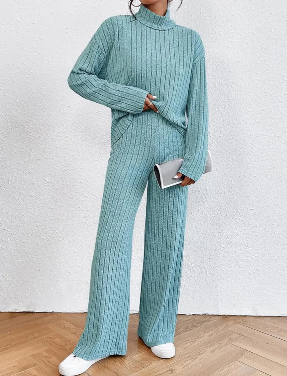 AFAVOM Women Lounge Pajamas Set 2 Pieces Ribbed Knit Sleepwear Long Sleeve Pullover Sweater Top with Pants Turtleneck Outfit