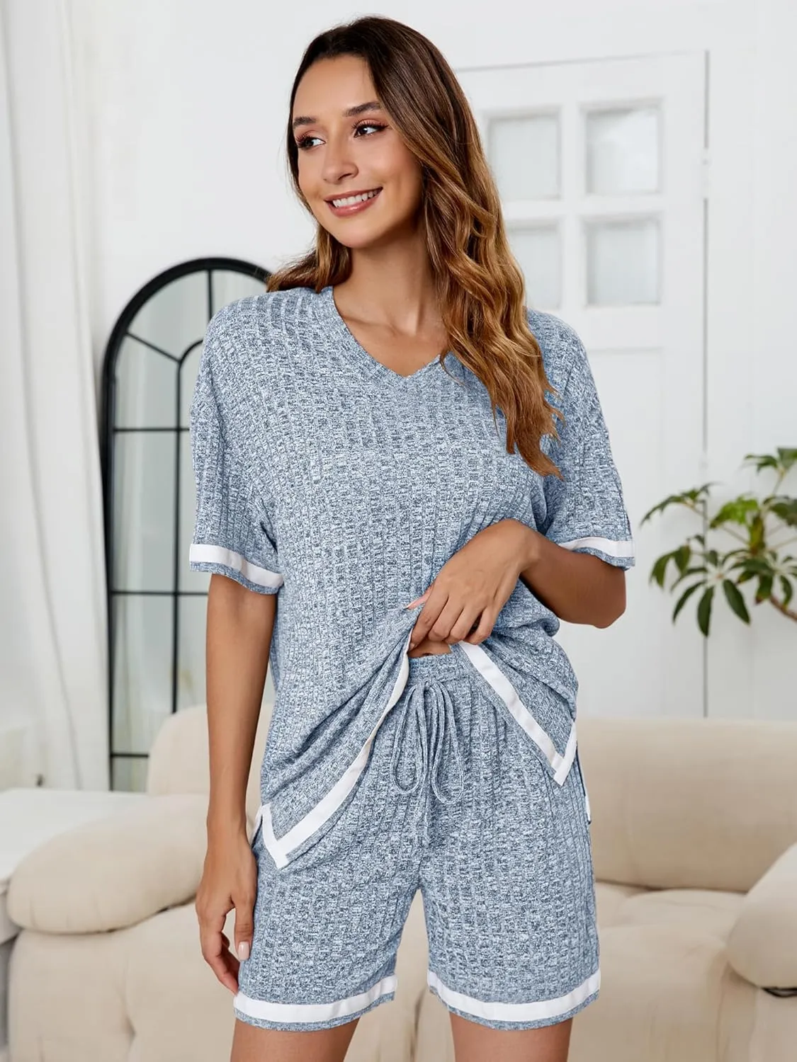 Anbech Womens Pajamas 2 Piece Ribbed Sleepwear Outfits Short Sleeve Matching Lounge Set
