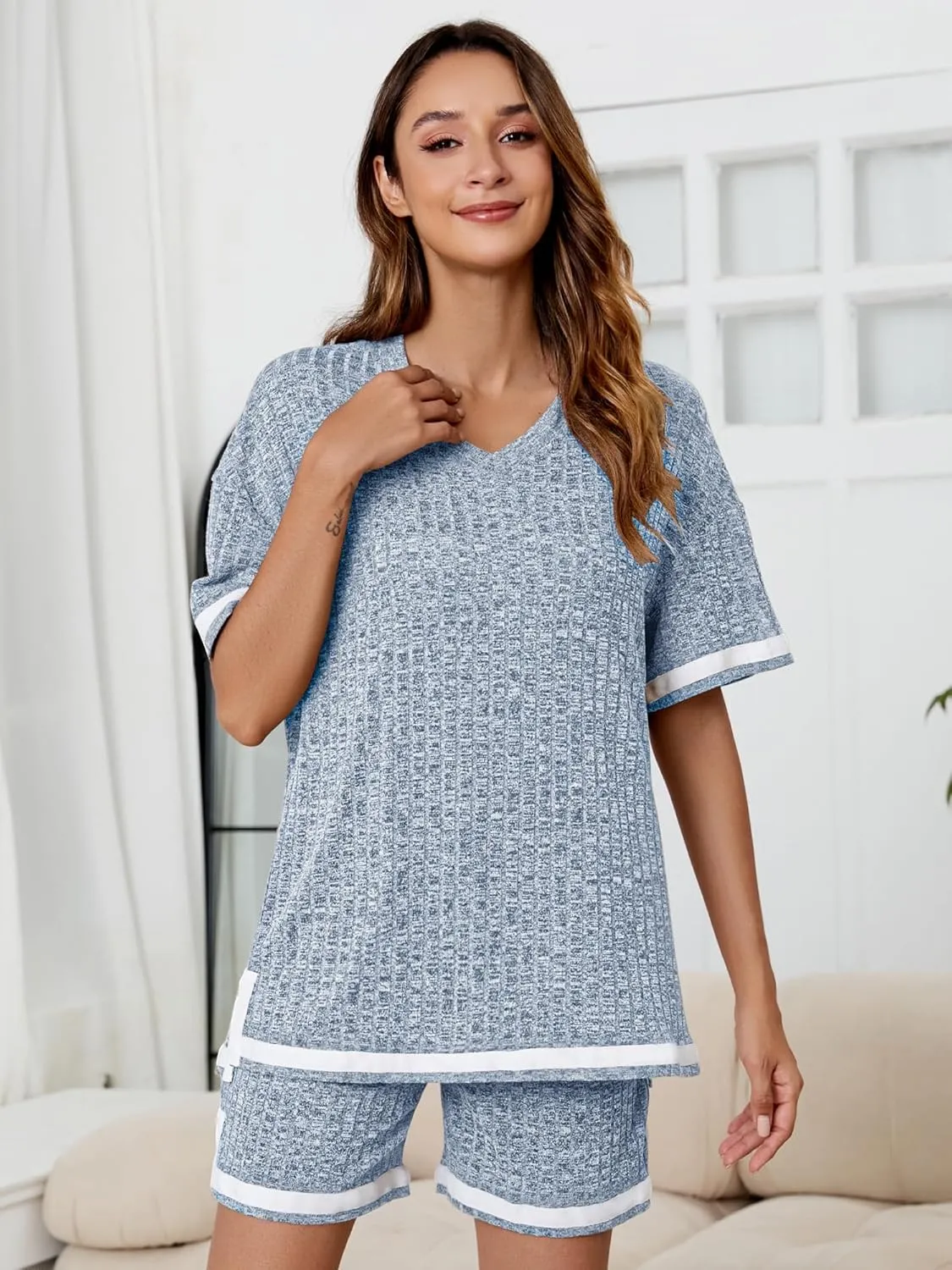 Anbech Womens Pajamas 2 Piece Ribbed Sleepwear Outfits Short Sleeve Matching Lounge Set