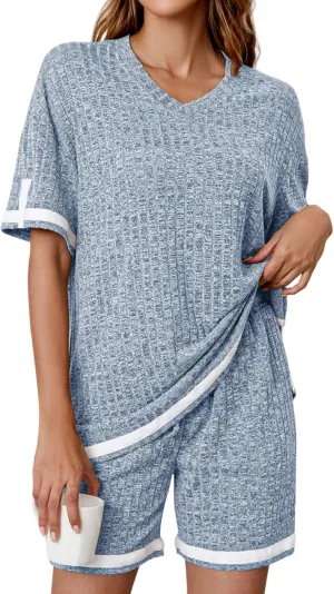 Anbech Womens Pajamas 2 Piece Ribbed Sleepwear Outfits Short Sleeve Matching Lounge Set