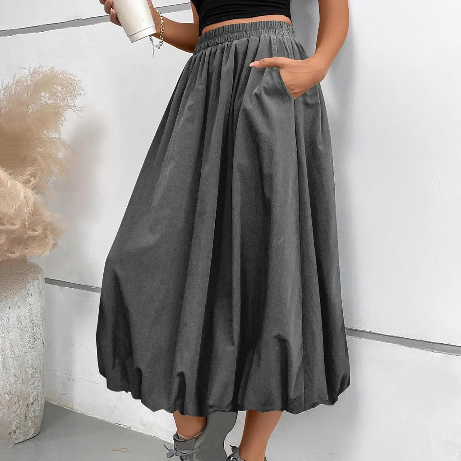 Ankle Length Skirt for Women Summer Beach Casual Elastic High Waisted Maxi Skirt Puff Long Skirts with Pockets