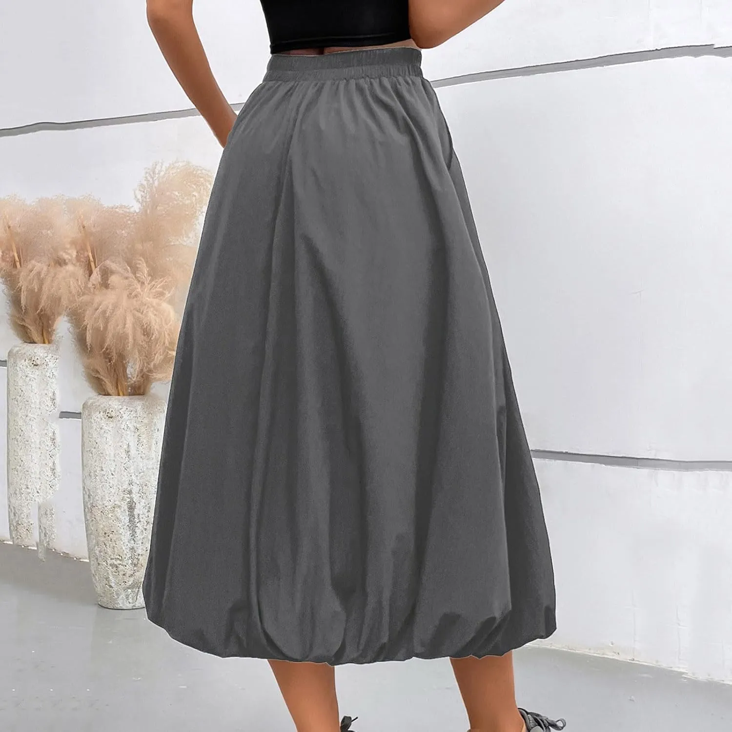 Ankle Length Skirt for Women Summer Beach Casual Elastic High Waisted Maxi Skirt Puff Long Skirts with Pockets