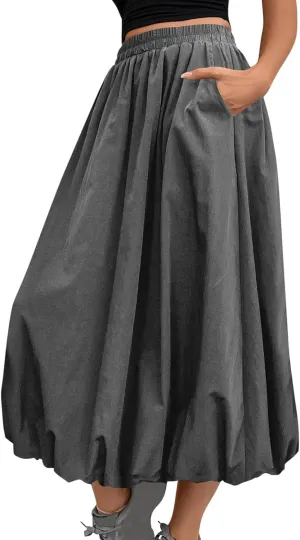 Ankle Length Skirt for Women Summer Beach Casual Elastic High Waisted Maxi Skirt Puff Long Skirts with Pockets