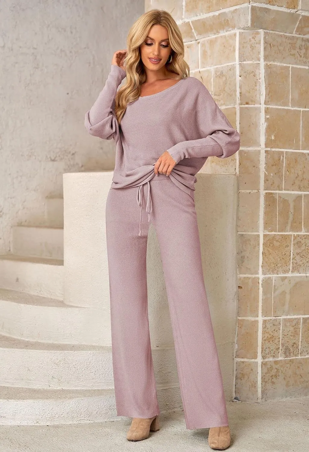 AOHITE Womens 2 Piece Outfits One-Shoulder Knit Pullover Sweaters Top Wide Leg Pants Sets Sweatsuit Tracksuit
