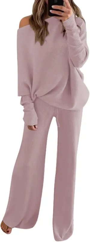 AOHITE Womens 2 Piece Outfits One-Shoulder Knit Pullover Sweaters Top Wide Leg Pants Sets Sweatsuit Tracksuit