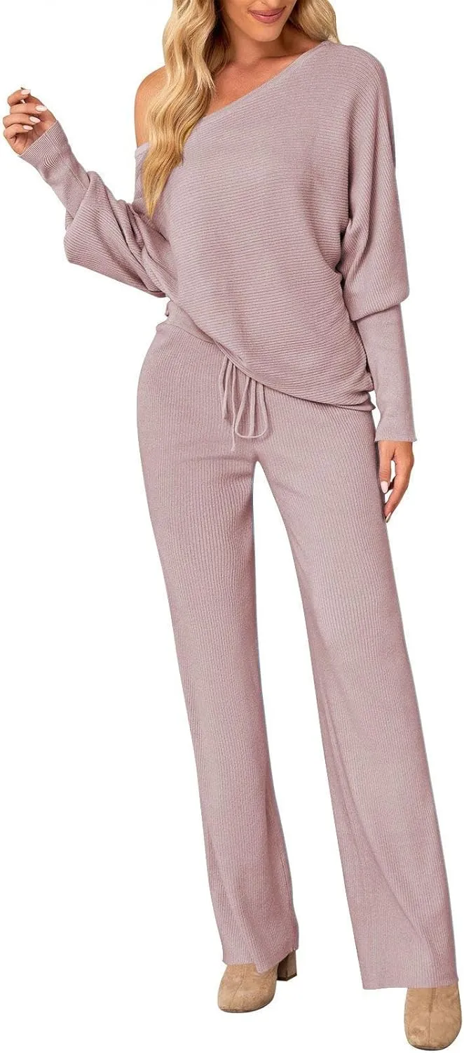 AOHITE Womens 2 Piece Outfits One-Shoulder Knit Pullover Sweaters Top Wide Leg Pants Sets Sweatsuit Tracksuit