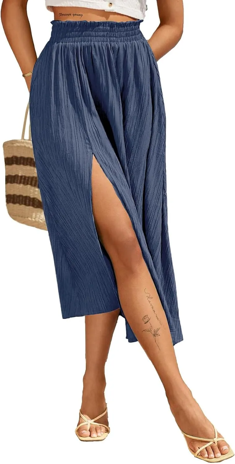 Avanova Women Slit Split High Waist Pleated Long Skirt Elastic Flowy Midi Skirt