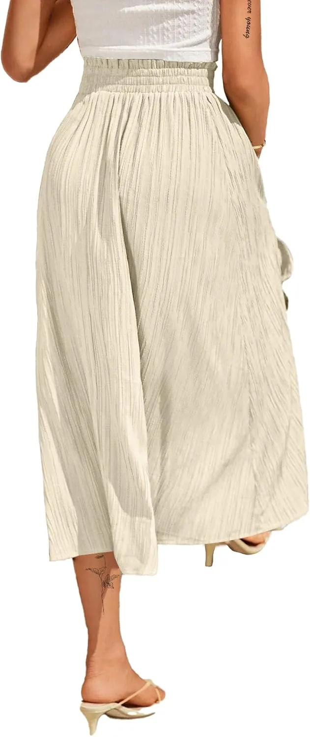 Avanova Women Slit Split High Waist Pleated Long Skirt Elastic Flowy Midi Skirt