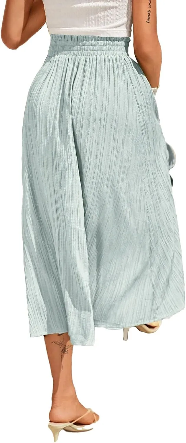 Avanova Women Slit Split High Waist Pleated Long Skirt Elastic Flowy Midi Skirt