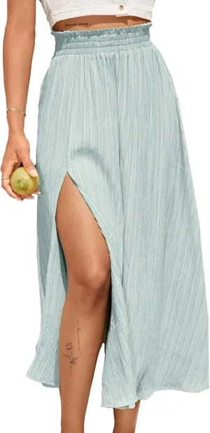Avanova Women Slit Split High Waist Pleated Long Skirt Elastic Flowy Midi Skirt