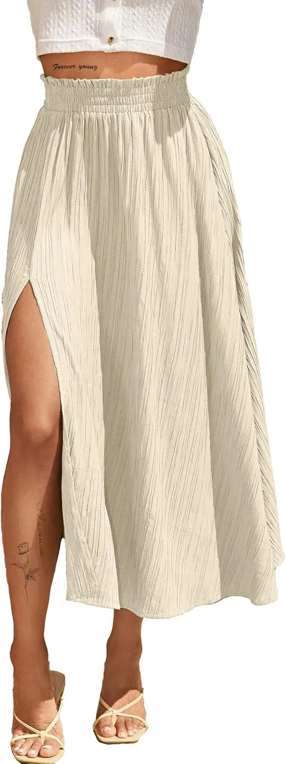 Avanova Women Slit Split High Waist Pleated Long Skirt Elastic Flowy Midi Skirt