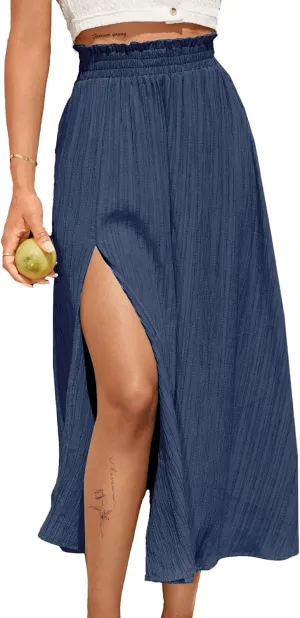 Avanova Women Slit Split High Waist Pleated Long Skirt Elastic Flowy Midi Skirt