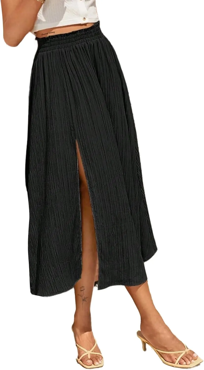 Avanova Women Slit Split High Waist Pleated Long Skirt Elastic Flowy Midi Skirt