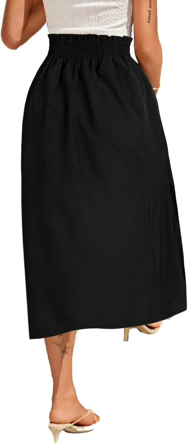 Avanova Women Slit Split High Waist Pleated Long Skirt Elastic Flowy Midi Skirt