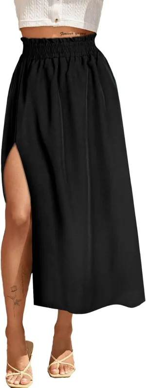 Avanova Women Slit Split High Waist Pleated Long Skirt Elastic Flowy Midi Skirt