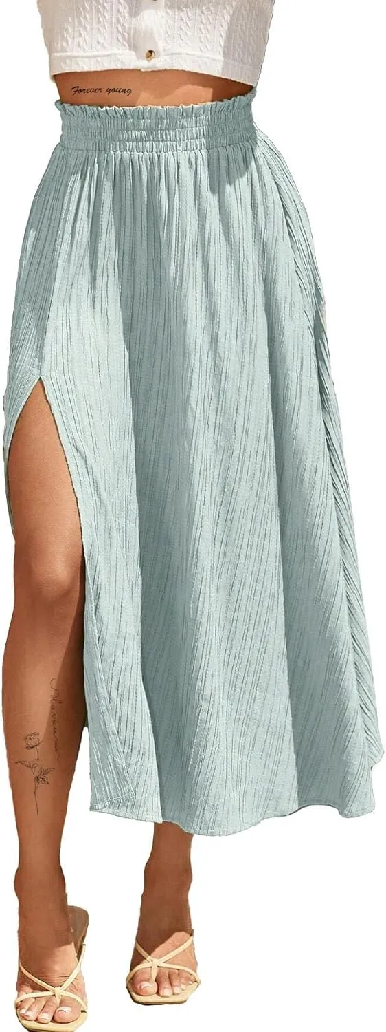 Avanova Women Slit Split High Waist Pleated Long Skirt Elastic Flowy Midi Skirt