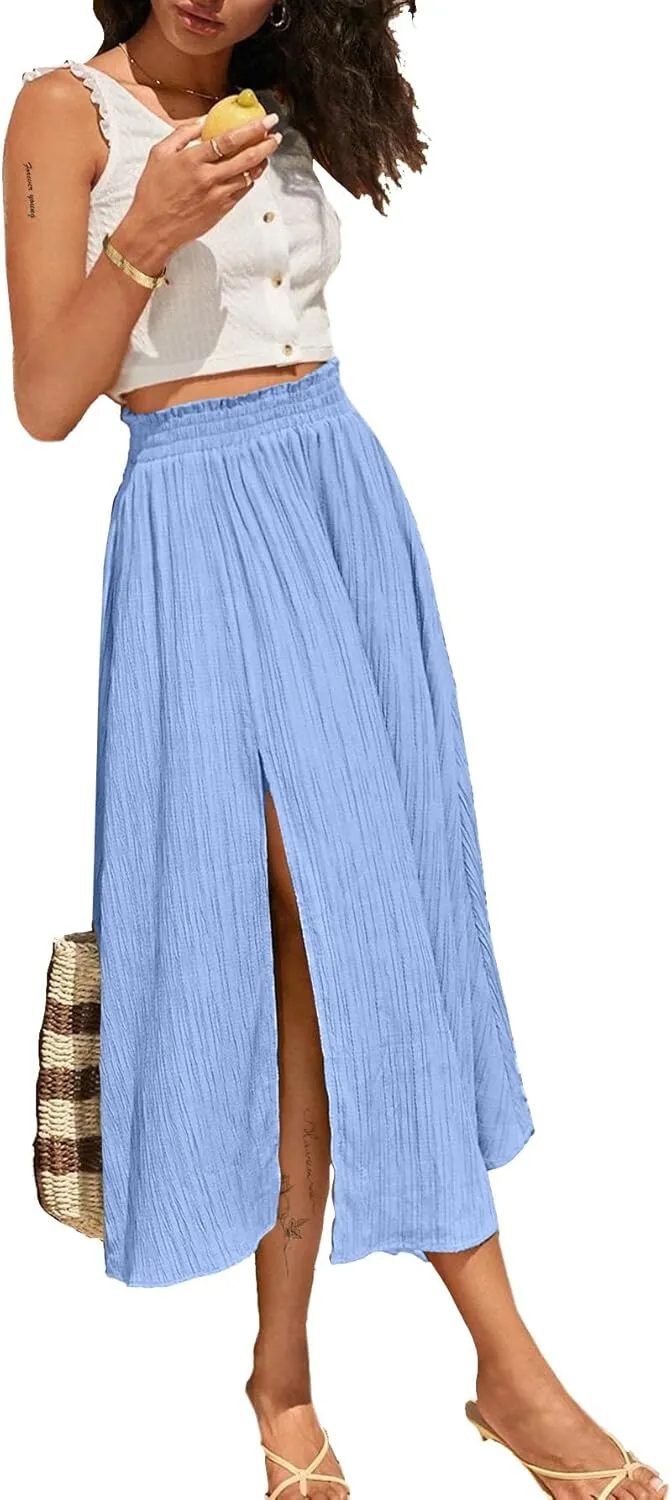 Avanova Women Slit Split High Waist Pleated Long Skirt Elastic Flowy Midi Skirt