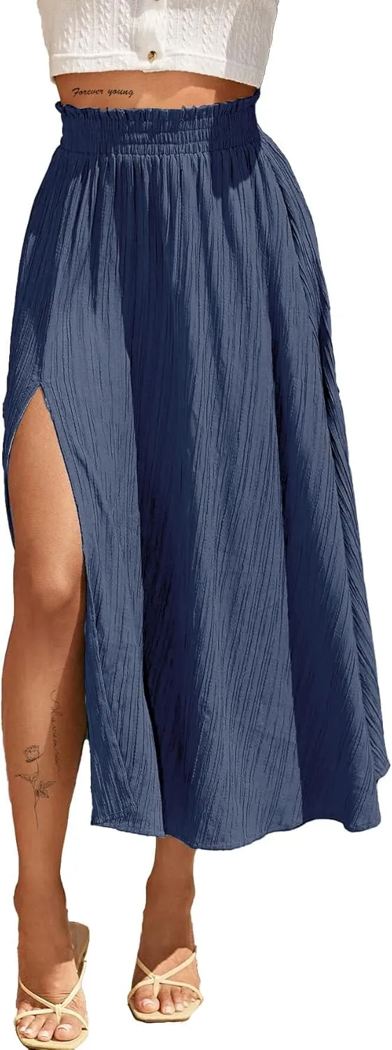 Avanova Women Slit Split High Waist Pleated Long Skirt Elastic Flowy Midi Skirt