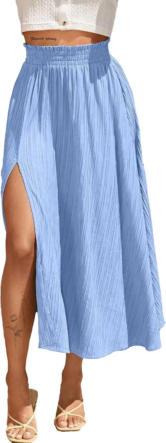 Avanova Women Slit Split High Waist Pleated Long Skirt Elastic Flowy Midi Skirt