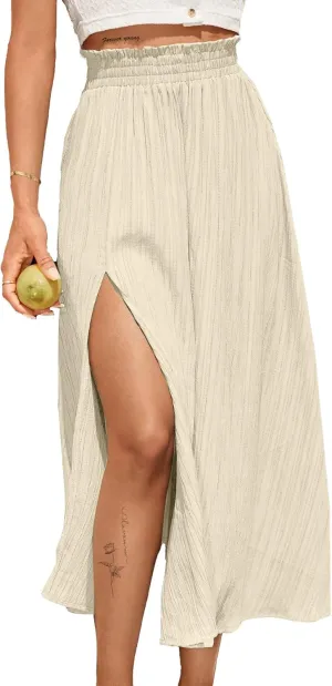 Avanova Women Slit Split High Waist Pleated Long Skirt Elastic Flowy Midi Skirt