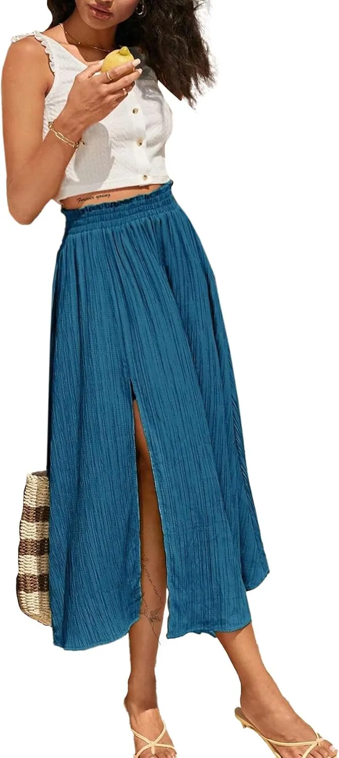 Avanova Women Slit Split High Waist Pleated Long Skirt Elastic Flowy Midi Skirt