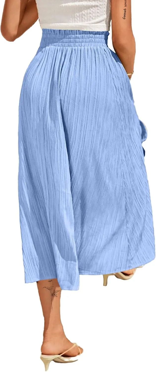 Avanova Women Slit Split High Waist Pleated Long Skirt Elastic Flowy Midi Skirt