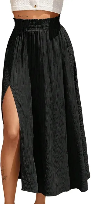 Avanova Women Slit Split High Waist Pleated Long Skirt Elastic Flowy Midi Skirt