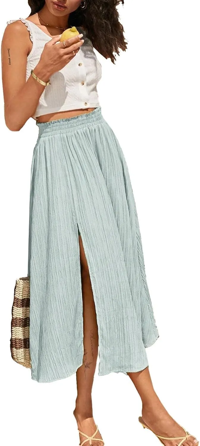 Avanova Women Slit Split High Waist Pleated Long Skirt Elastic Flowy Midi Skirt