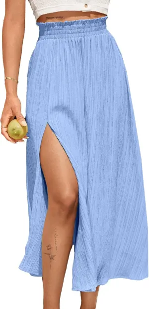 Avanova Women Slit Split High Waist Pleated Long Skirt Elastic Flowy Midi Skirt