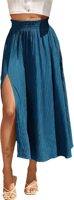Avanova Women Slit Split High Waist Pleated Long Skirt Elastic Flowy Midi Skirt