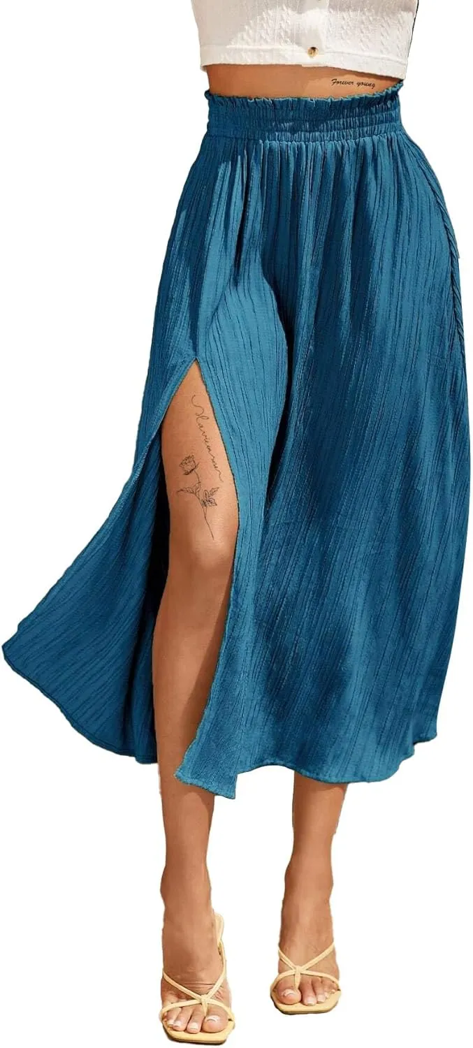 Avanova Women Slit Split High Waist Pleated Long Skirt Elastic Flowy Midi Skirt