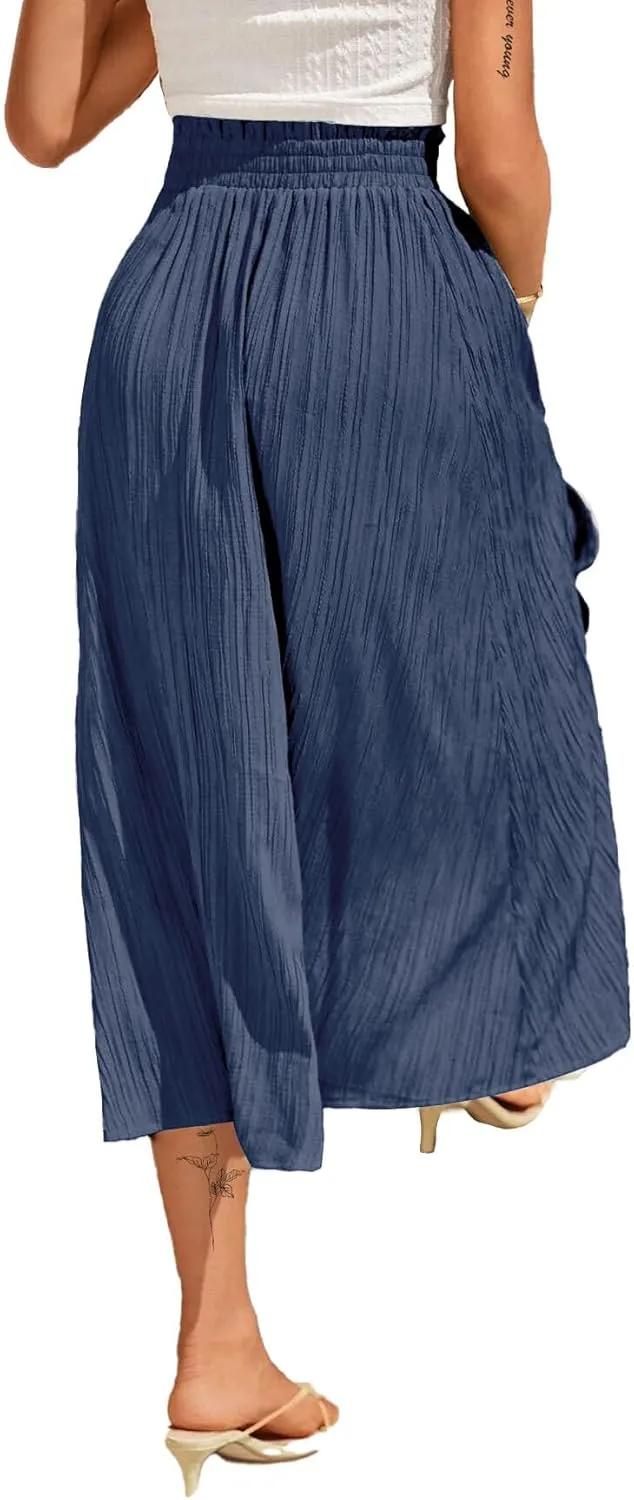 Avanova Women Slit Split High Waist Pleated Long Skirt Elastic Flowy Midi Skirt