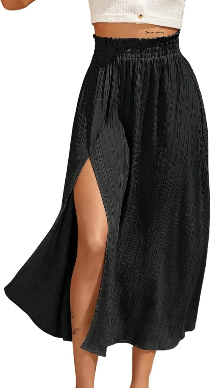 Avanova Women Slit Split High Waist Pleated Long Skirt Elastic Flowy Midi Skirt