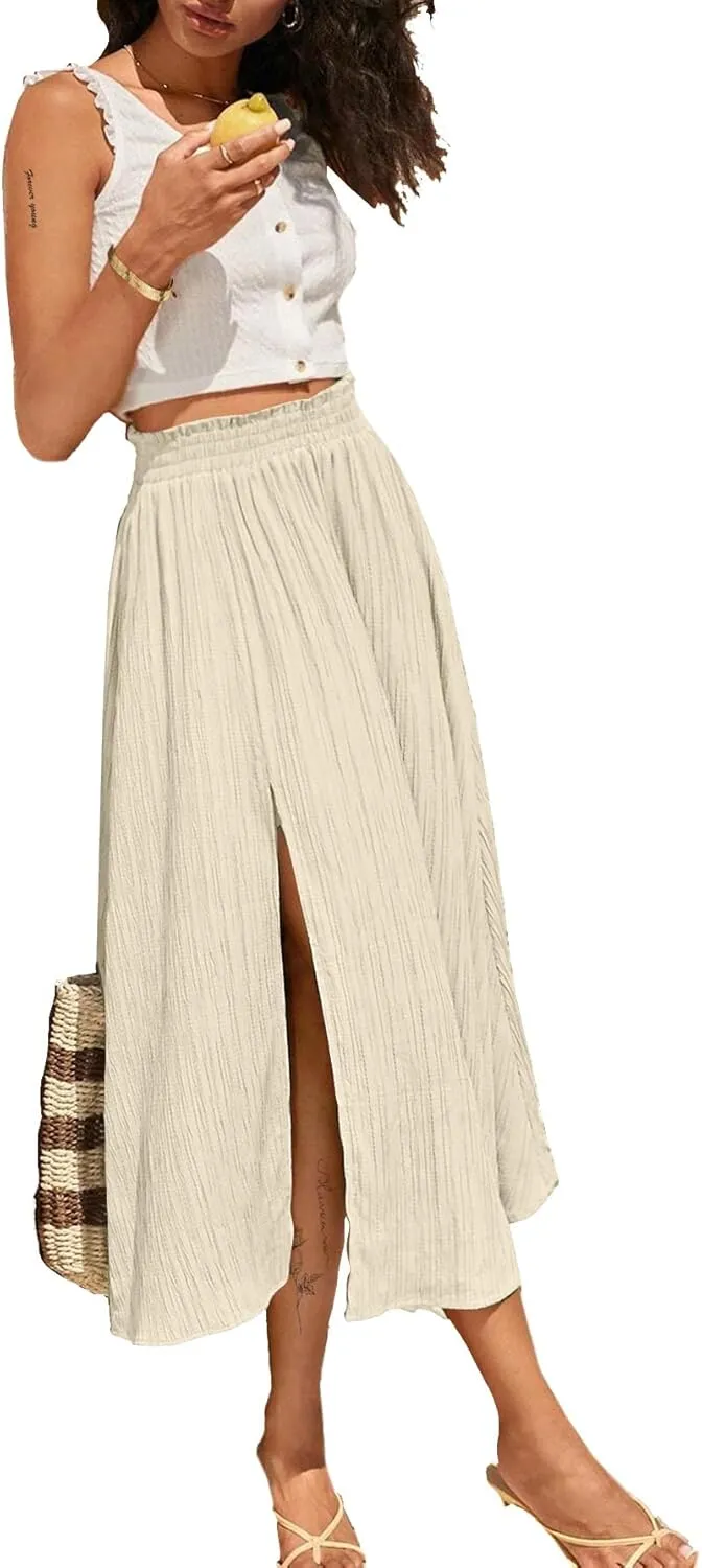Avanova Women Slit Split High Waist Pleated Long Skirt Elastic Flowy Midi Skirt