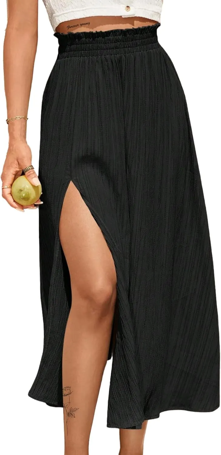 Avanova Women Slit Split High Waist Pleated Long Skirt Elastic Flowy Midi Skirt