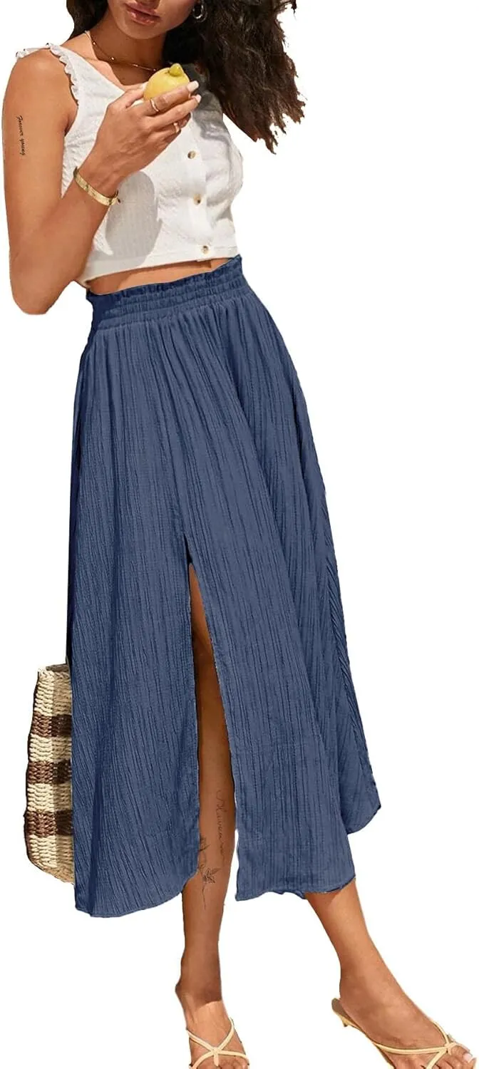 Avanova Women Slit Split High Waist Pleated Long Skirt Elastic Flowy Midi Skirt